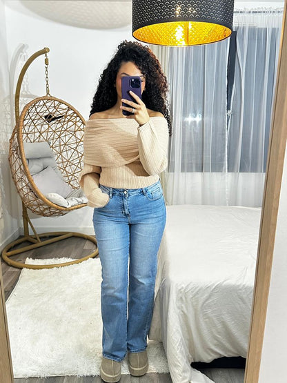 Pull col bardot beige