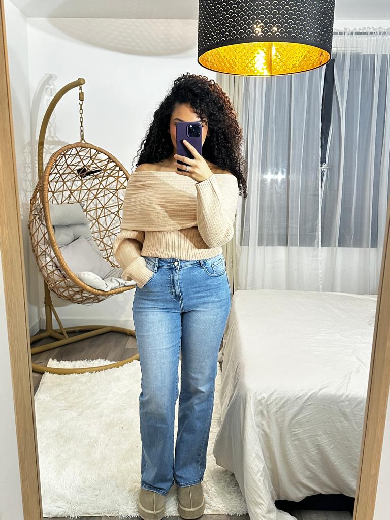 Pull col bardot beige